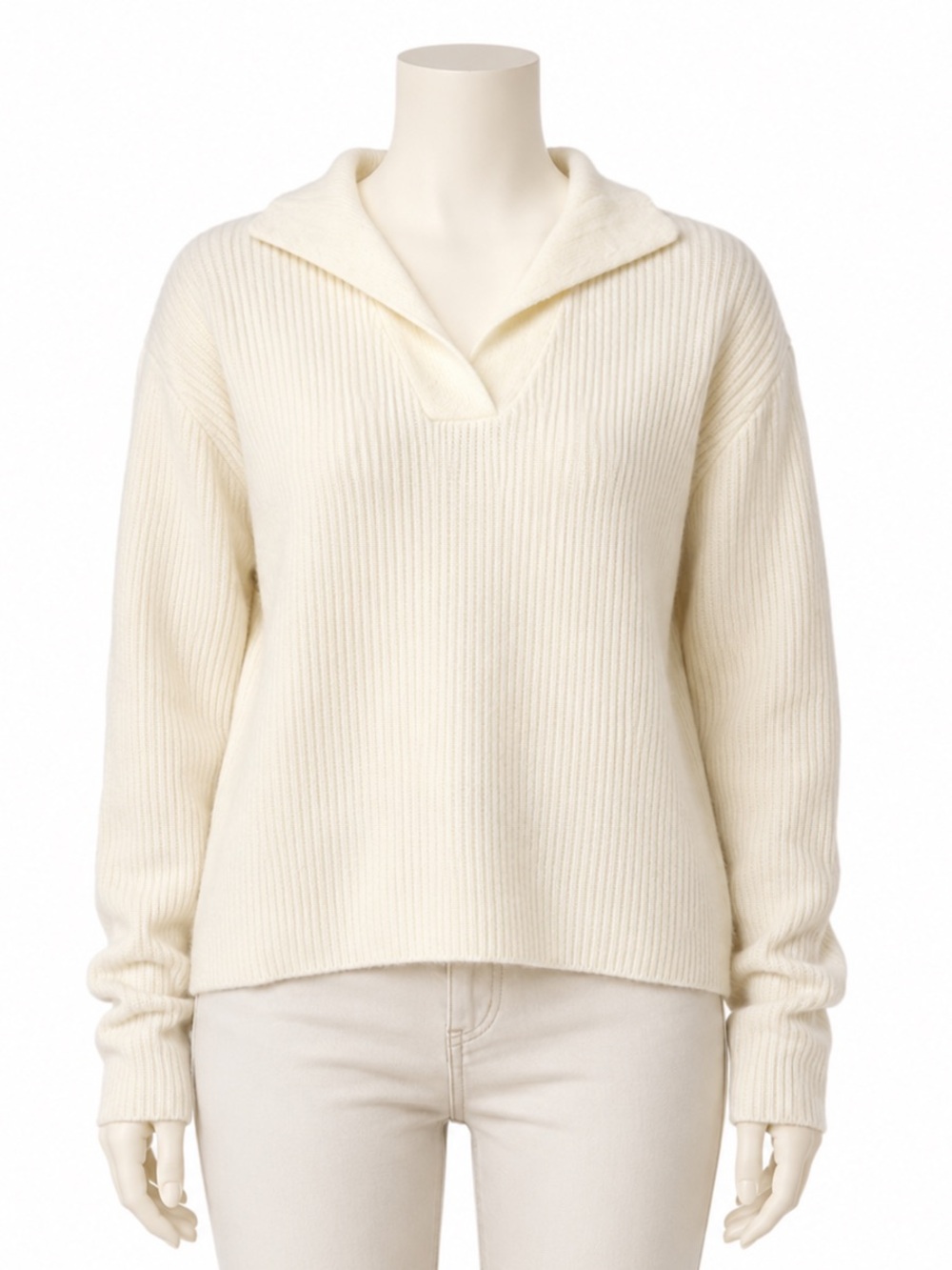 BTFBM Women’s Cream Ribbed Knit Collared V-Neck Sweater XL Oversized Fall